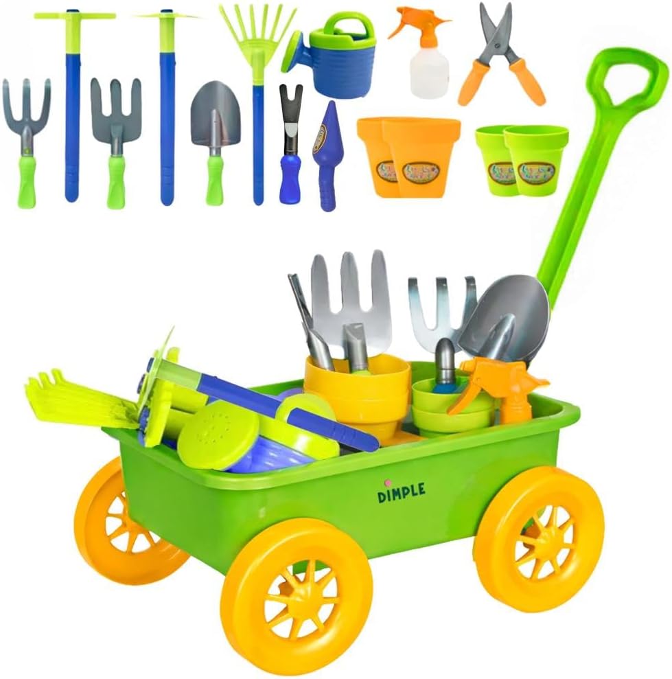 Dimple Garden Wagon & Tools Toy Set, Kids Gardening Set - Green