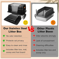 Vivifying Stainless Steel Litter Box, XL Side Entry Extra Large Litter Box with Lid for Big Cats & Kitty, Removable Enclosed Metal Cat Pan with High Sided Enclosure, Scoop, Mat, Footboard (Black)