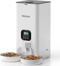 VOLUAS Automatic Cat Feeder for Two Cats with Dual Stainless Bowls - White Opaque / 6L