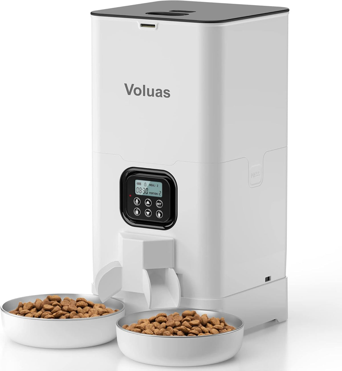 VOLUAS Automatic Cat Feeder for Two Cats with Dual Stainless Bowls - White Opaque / 6L