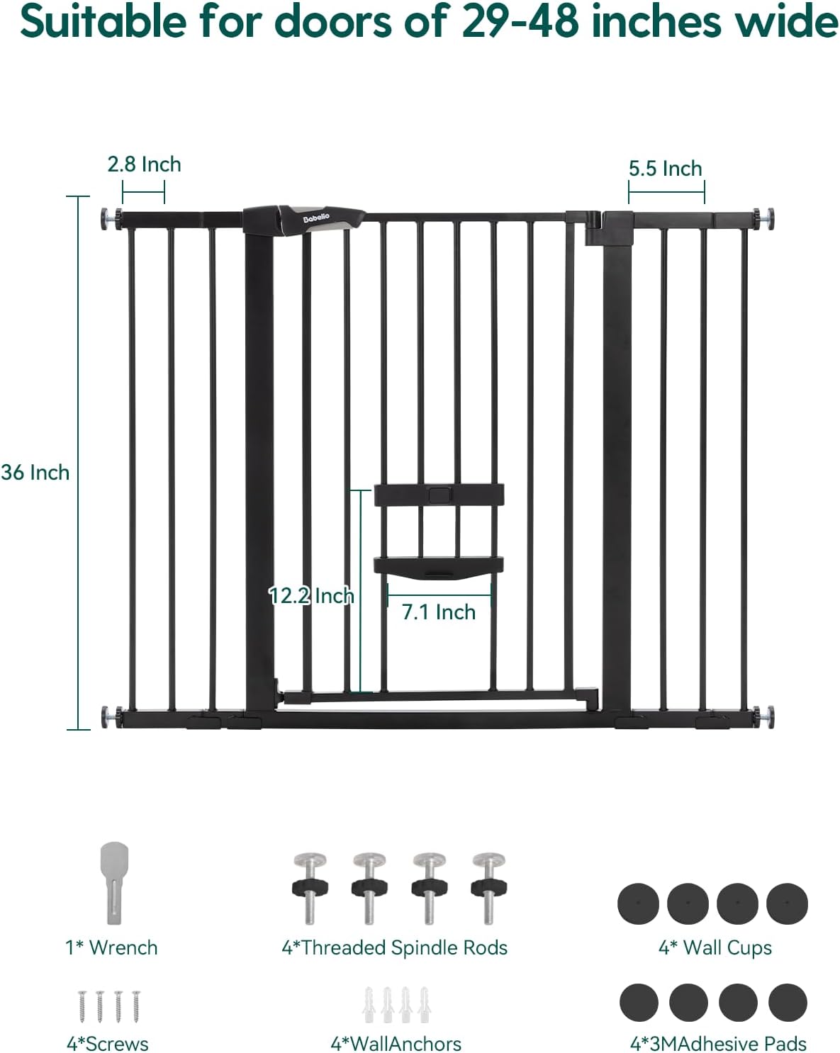 Babelio 36" Tall Pet Gate with Cat Door, CatPrivilege II, 29-40" - Black / 29-48" Wide, 36" Tall - image 2