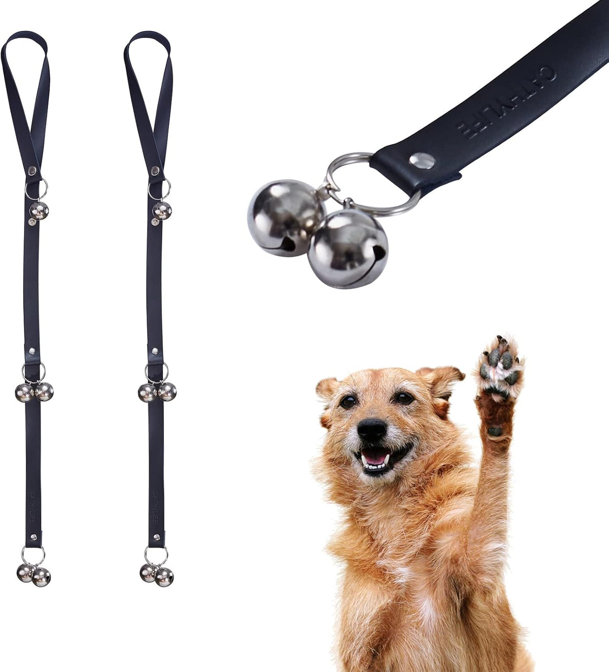 Leather Dog Doorbells to Go Outside, Brass Potty Training Bell – Essentials for Dogs - 2 Black Leather Silver Bells
