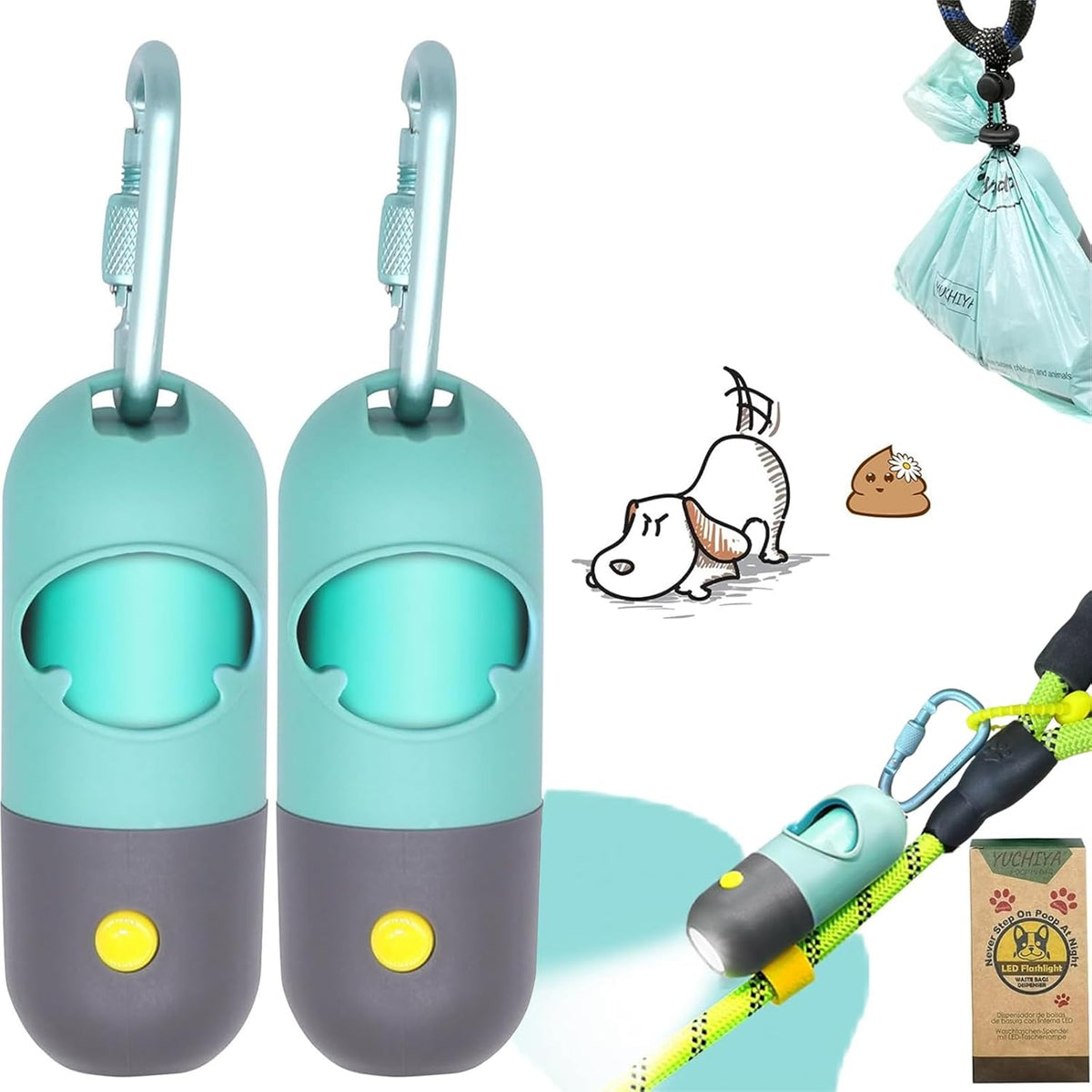 Dog Poop Waste Bags Holder with LED Flashlight - 1 Count (Pack of 2) / Crystal Blue