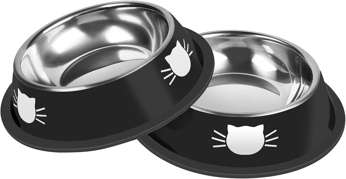 Serentive 2 Pcs Non-Slip Stainless Steel Small Cat Food Bowls - Black / 13 oz