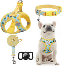 EXPAWLORER Plaid Small Dog Harness and Leash Set with AirTag Holder - Pineapple / Large