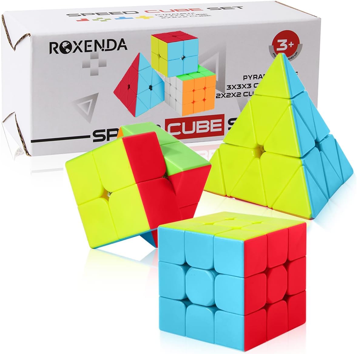Speed Cube Set, ROXENDA 2x2 3x3 Pyramid Cube Bundle [3 Pack] – Fun for Kids & Family - 3 Pack Stickerless
