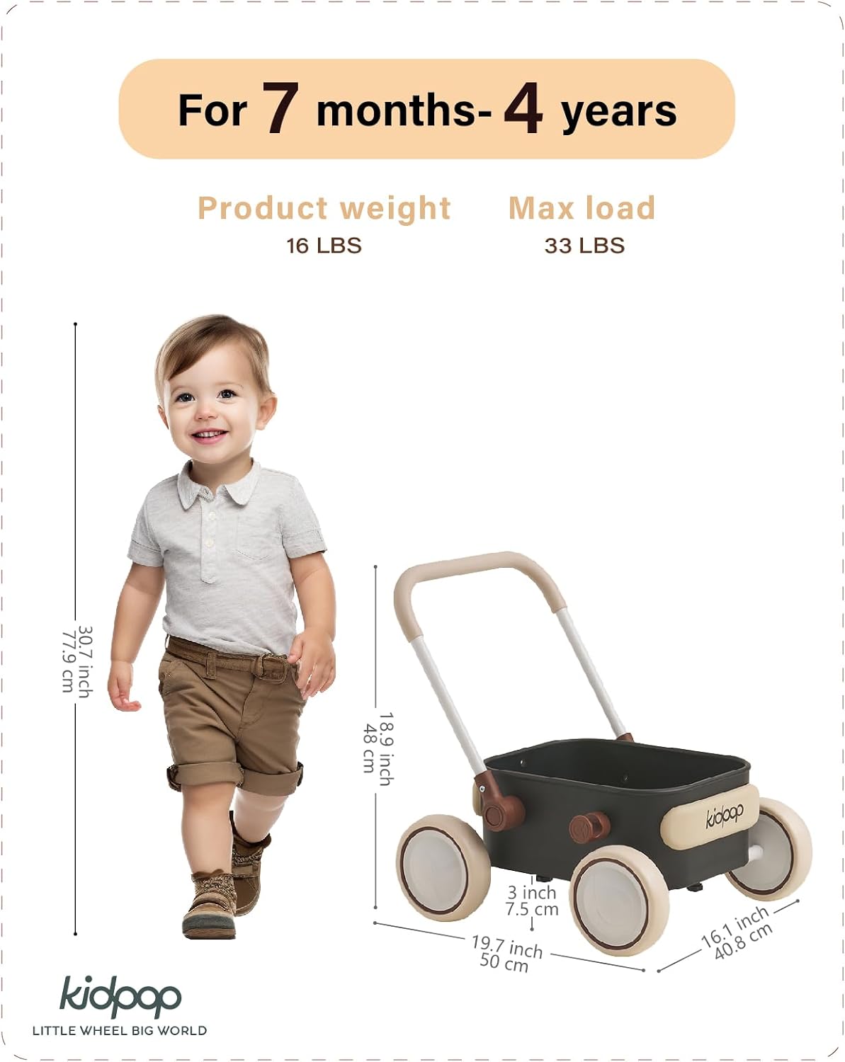 PULA Baby Push Walker with Wheels Toddler Wagon for First Learner - Black - image 2
