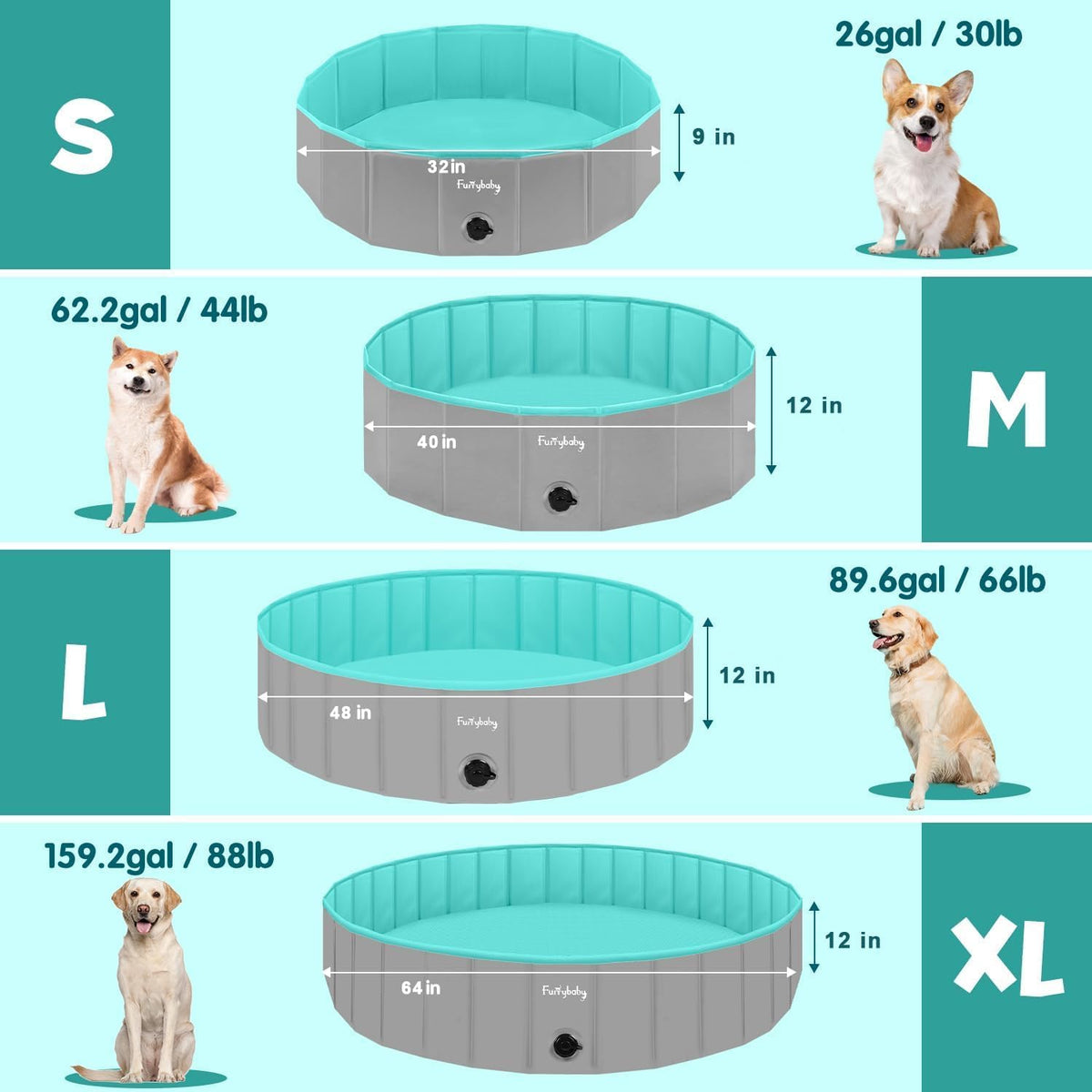 Furrybaby Foldable Dog Pool Non-Slip Hard Bath Tub Indoor Outdoor - 48*12inch / Grey,blue - image 2