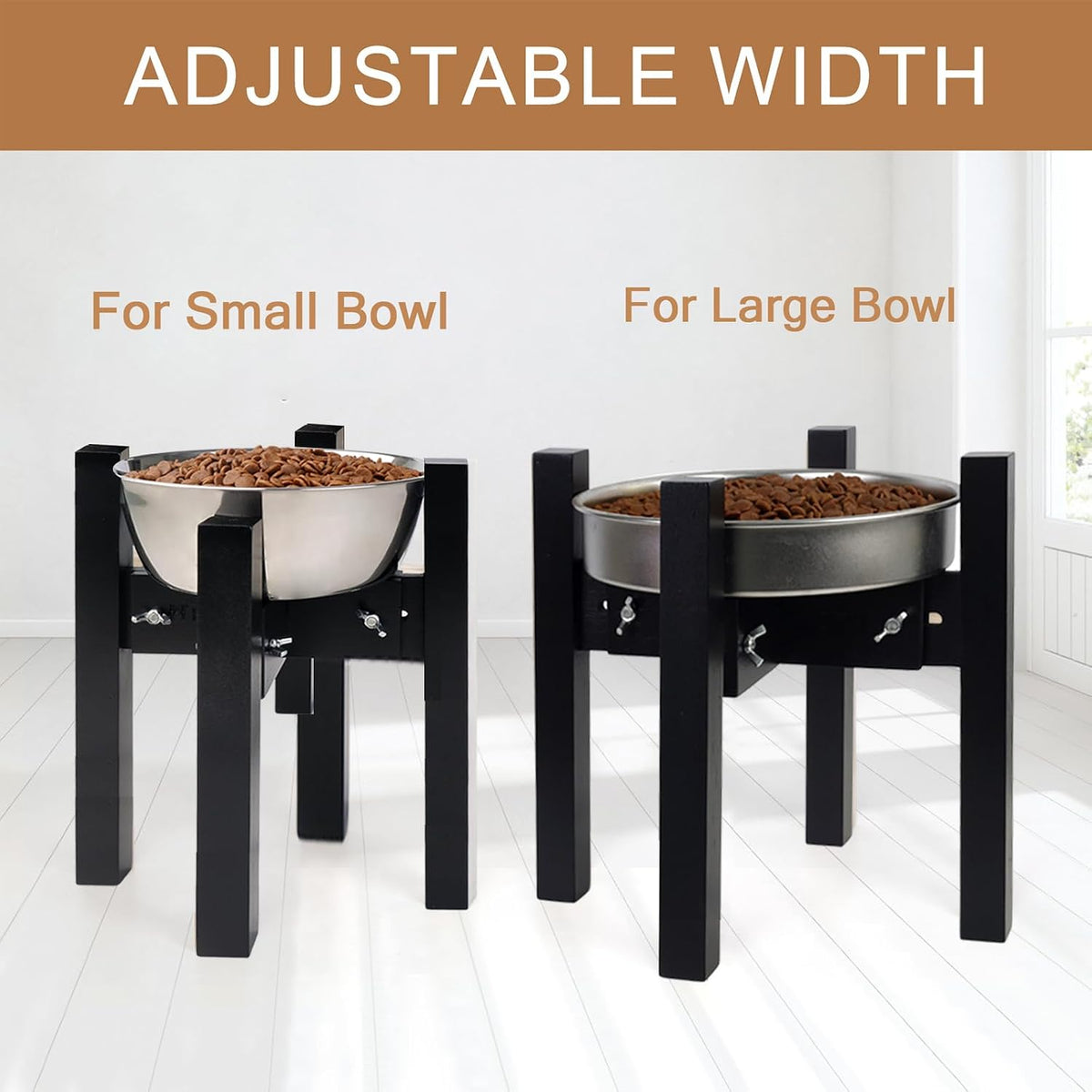 Adjustable Width Bamboo Elevated Dog Bowl Stand - Medium (10" High) / Black - image 14