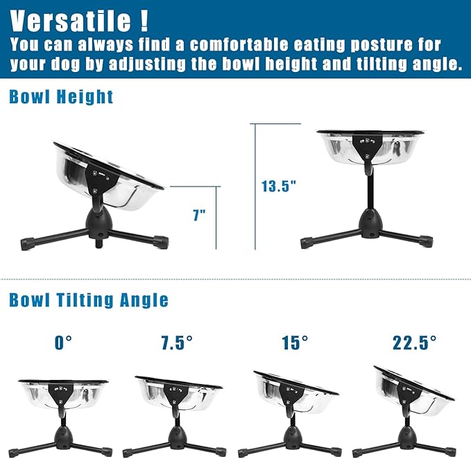 2 Pack Elevated Bowls With Adjustable Metal Stand, Medium Size for Dogs 30-70 lbs, 0.5 Gal 2 Liter, Stainless Steel Food Water Bowl, Height Adjustable Non-Slip Raised Set