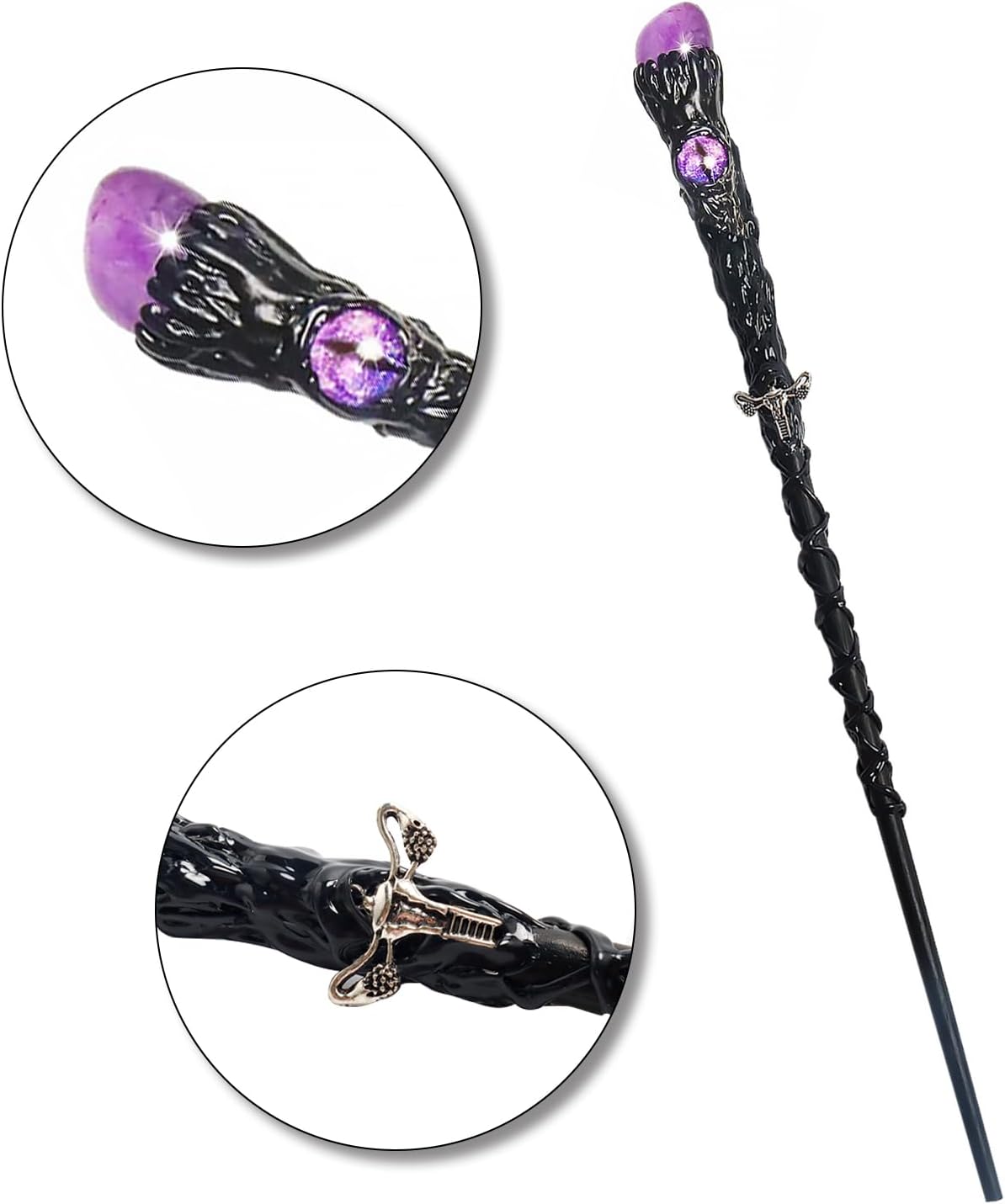 Rileryan handcrafted wooden wizard wand with purple amethyst crystal, about 13 inches long - view 6
