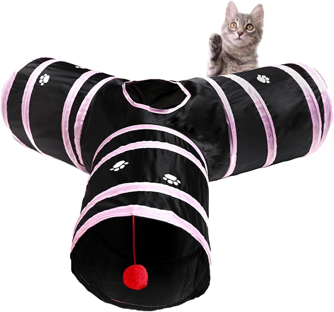 3 Way Cat Tunnel Collapsible Fun Pet Play Tube Toys for Cats - Pink Black