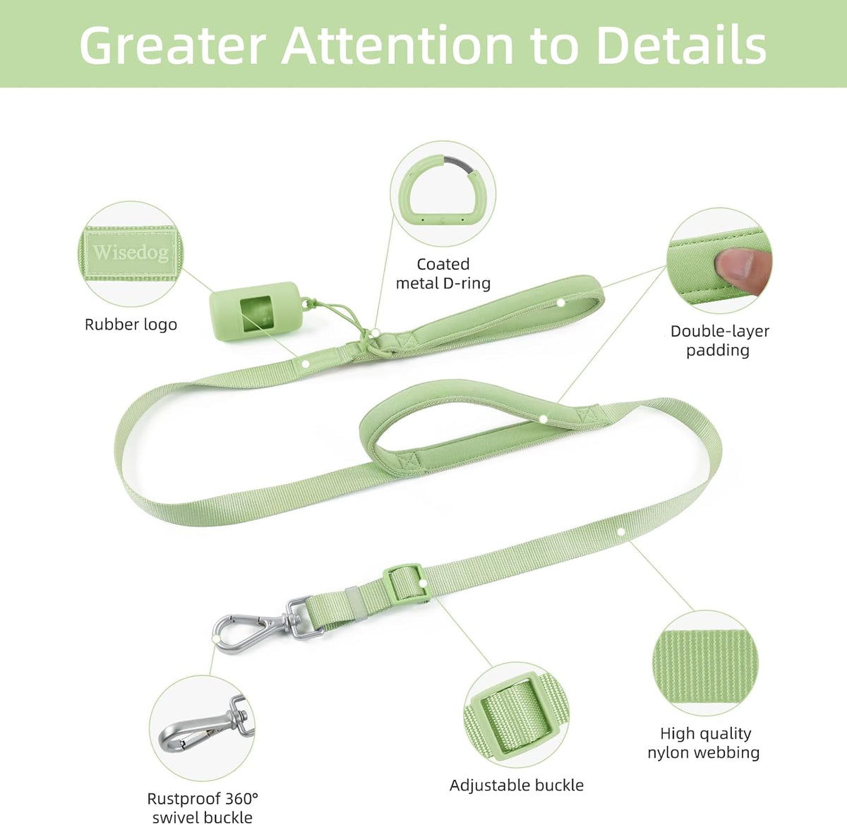 Wisedog Two Handles Dog Leash, Lilac - Sage Green / M - image 3