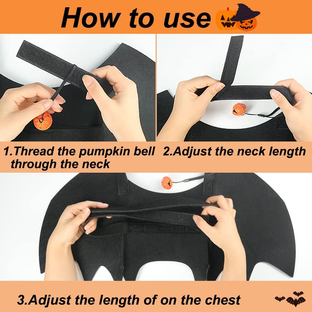 Vivifying black felt dog bat wings Halloween costume with pumpkin bells - view 3