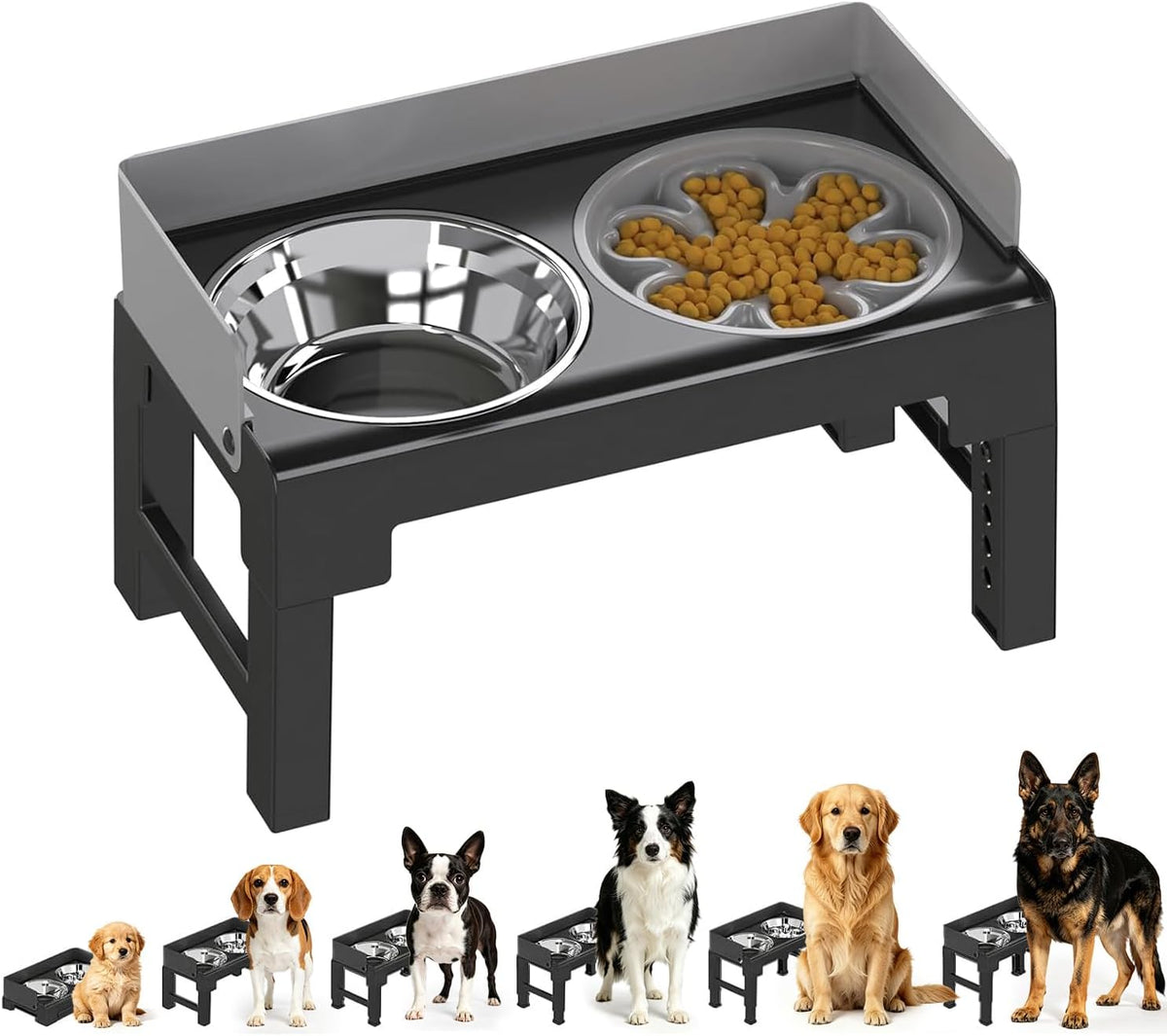 Elevated Dog Bowls for Medium and Large Dogs - 1 Slow Feeder Bowl + 1 Stainless Steel Bowl / Grey