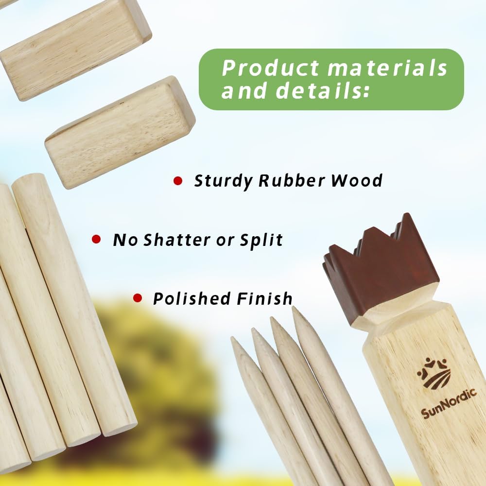 SunNordic rubber wood Kubb yard game set with king, blocks, batons and canvas carry bag - view 12