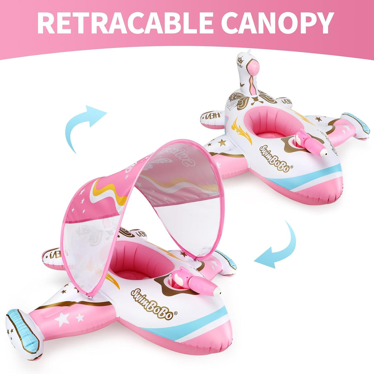 Toddler Float Inflatable Baby Swim Float with Canopy and Seat Pool - Pink Airplane Water Gun - image 4
