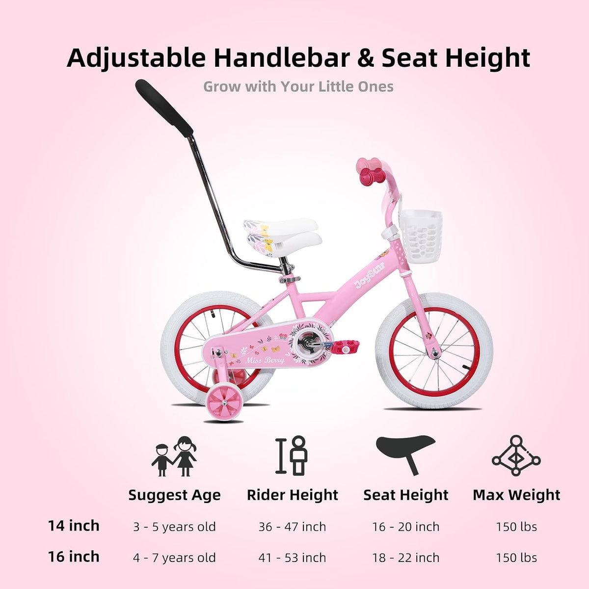JOYSTAR 10" 12" 14" 16" Kids Bike for Boys and Girls Ages 1-7Y – Fun for Kids & Family - Pink / 14 Inch with Training Wheels - image 2