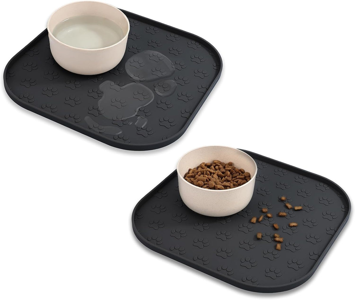 Pet Feeding Mat, Waterproof Anti-Slip Placemats for Dog Cat Bowl Silicone Pet Food Mat, Raised Edge - 2 Black / 11"L x 11"W