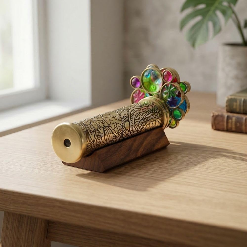 Roorkee Instruments etched floral brass kaleidoscope with two bead wheels on a hardwood stand - view 11