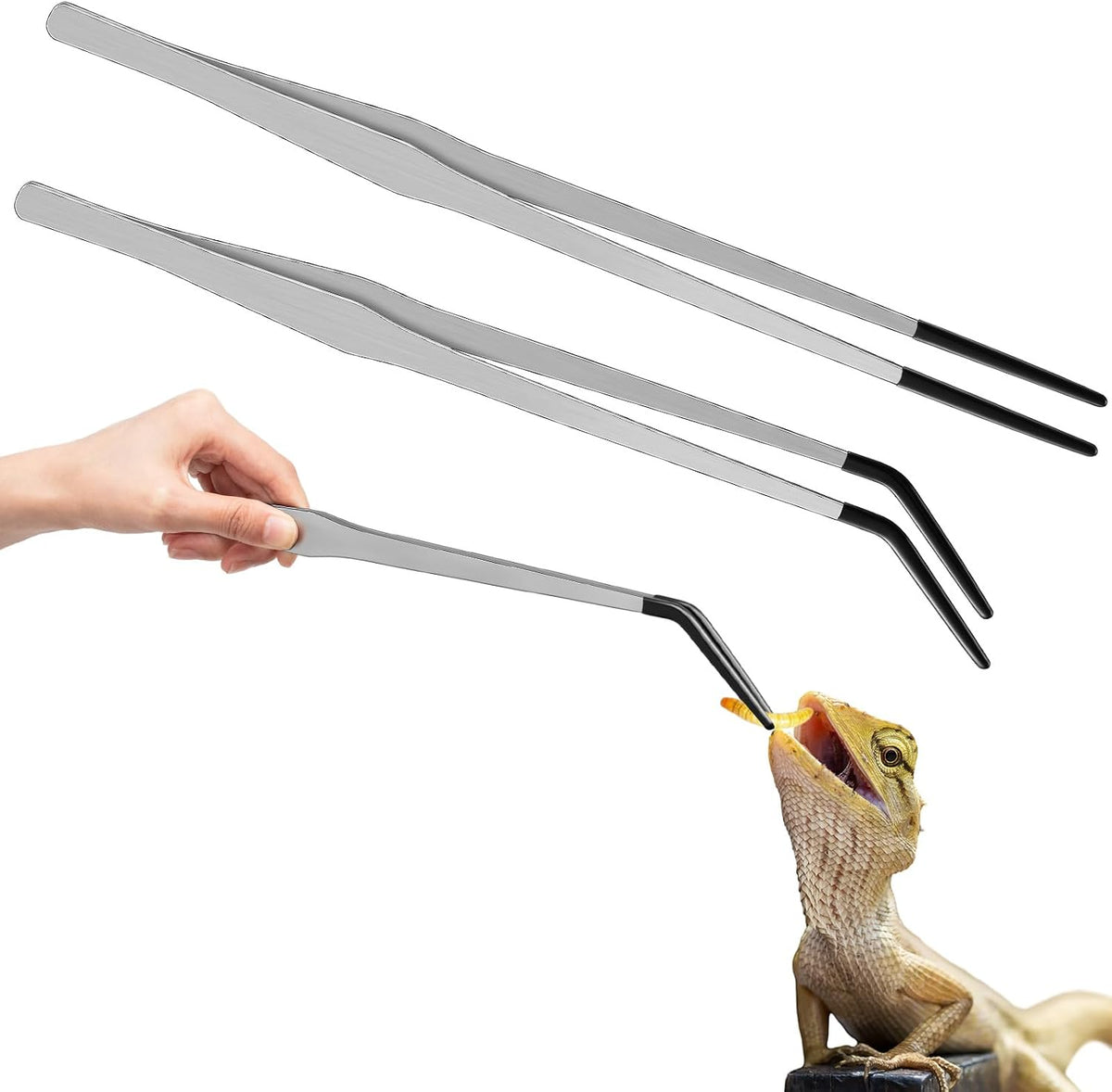 Lasnten 2 Pcs Reptile Feeding Tongs, Long - Silver / 15 Inch