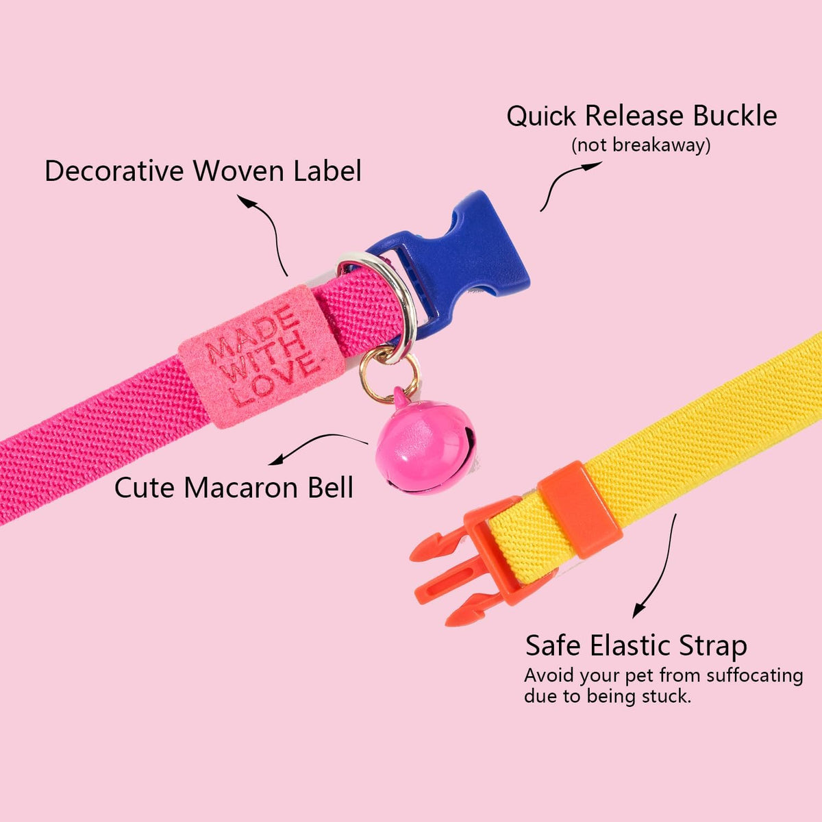 Cotton Bowtie Cat Collar with Bell 2 Pack Adjustable Breakaway Kitten - Elastic Yellow+HotPink / 7.5-11.4 Inch (Pack of 2) - image 2