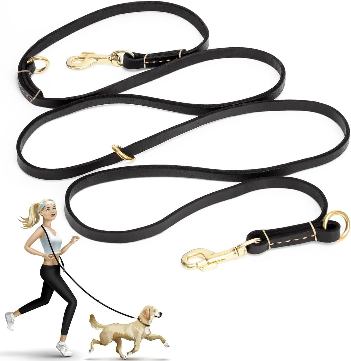 Multi Function 8ft Leather Dog Leash - Black / 8ft*1/2inch