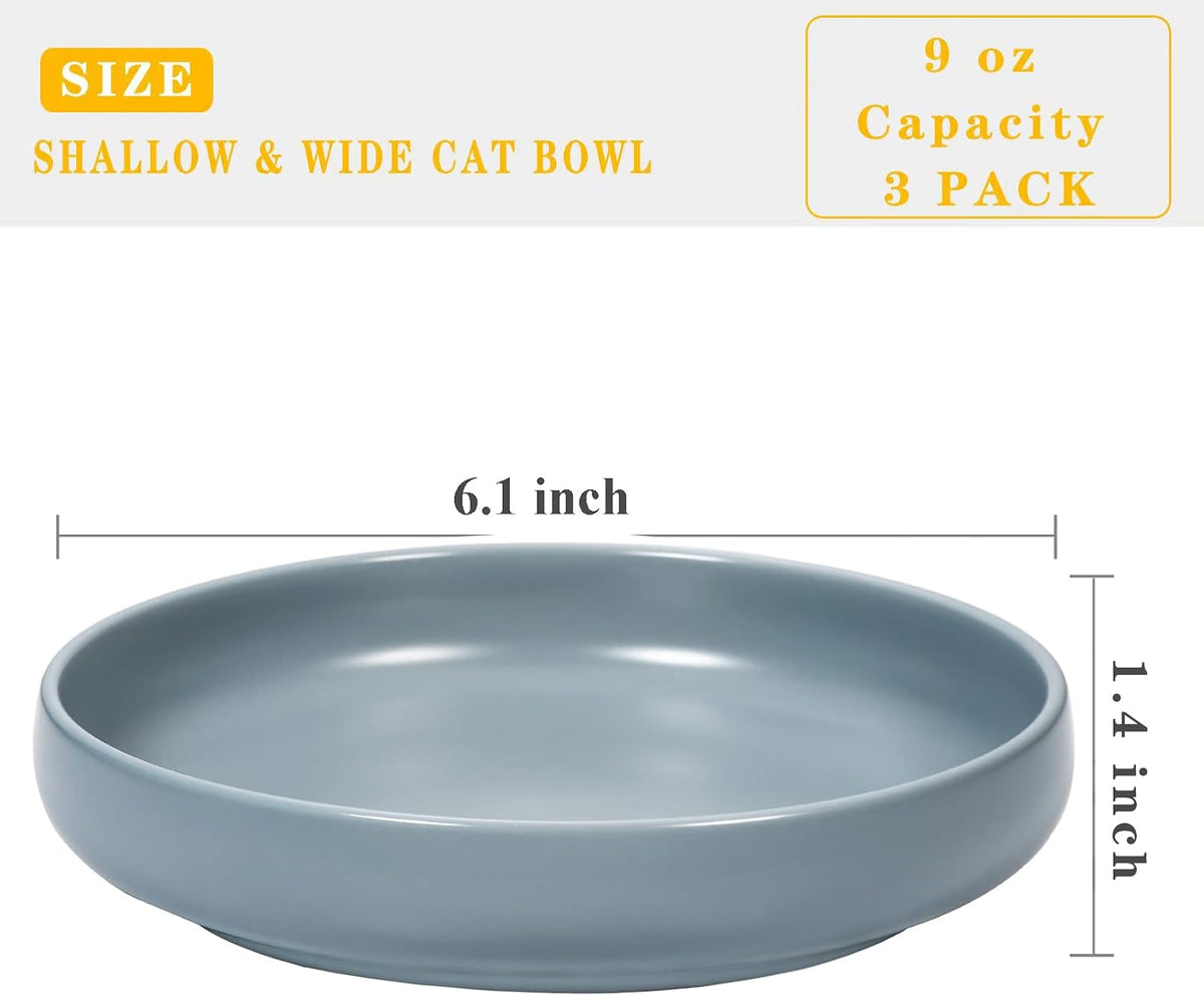Ceramic Cat Bowls, Shallow Cat Dishes for Food and Water - Bluish grey-3pack - image 3