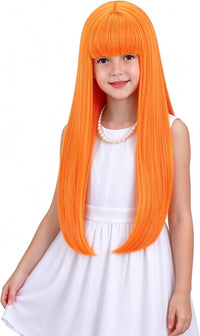 WAVELNM kids long straight black wig with hot pink highlights and bangs
