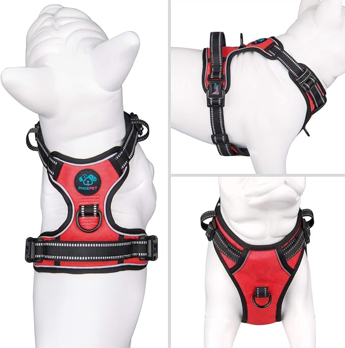 PHOEPET Reflective Dog Harness No Pull Large Breed Vest with 2 Metal Leash Attachment Hooks(L, Red)