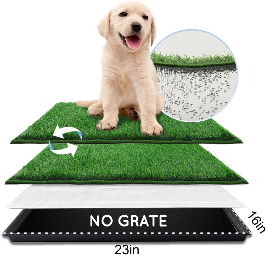 HQ4US Dog Grass Pad with Tray Odor Control Grass Pee Pad for Dog - S(No Grate) - 23" x 16" for Dog＜19'' Length