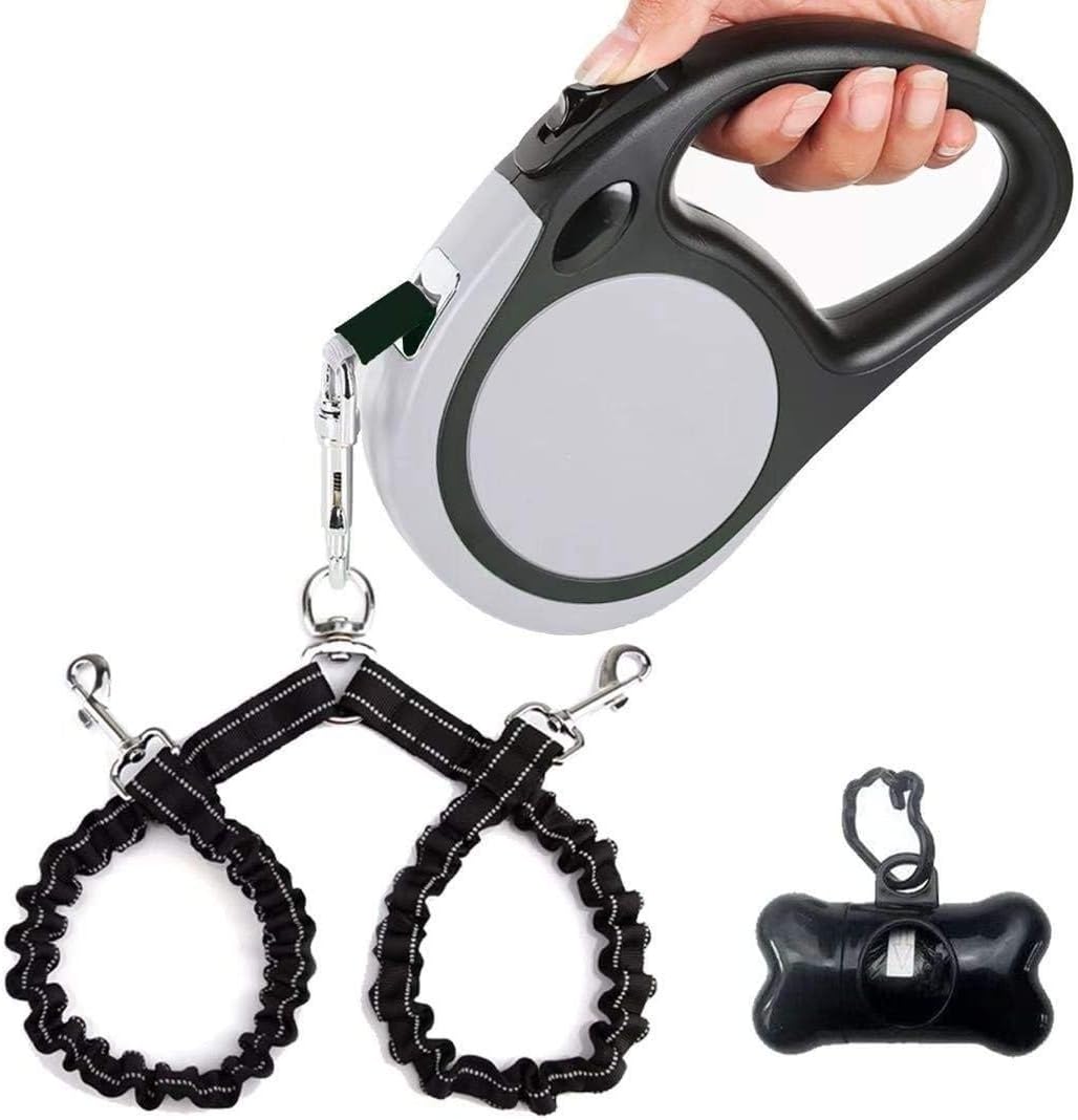 Dual Retractable Dog Leash for 2 Large Dogs, Non Slip Grip - Large / Gray