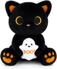 MUFEIRUO Halloween black cat plush holding pumpkin bag, wearing orange witch hat - view 2