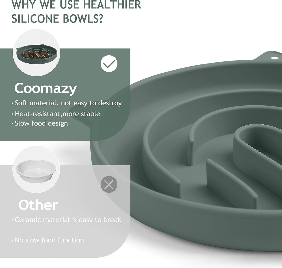 Coomazy Slow Feeder Cat Bowl Silicone Pet Puzzle Feeder for Slow - Green / 1 Cup - image 4