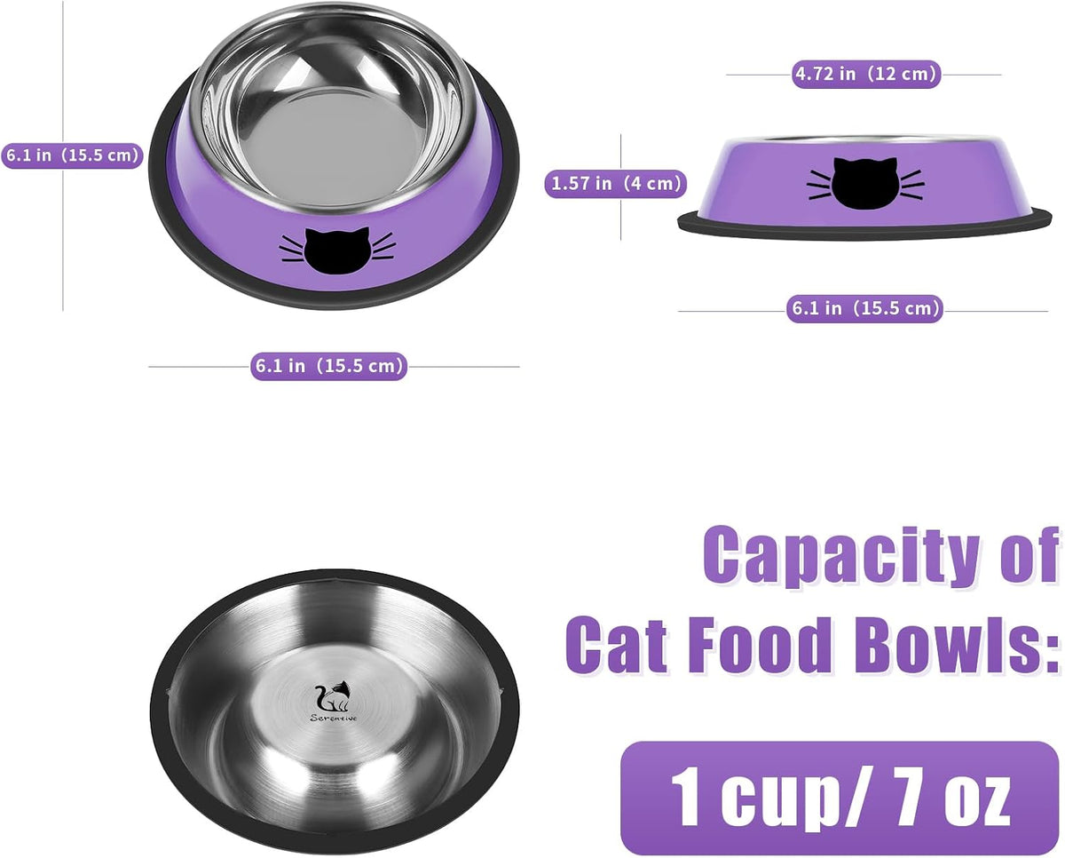 Serentive 2 Pcs Non-Slip Stainless Steel Small Cat Food Bowls - Purple, Silver, Green / 7 oz - image 2