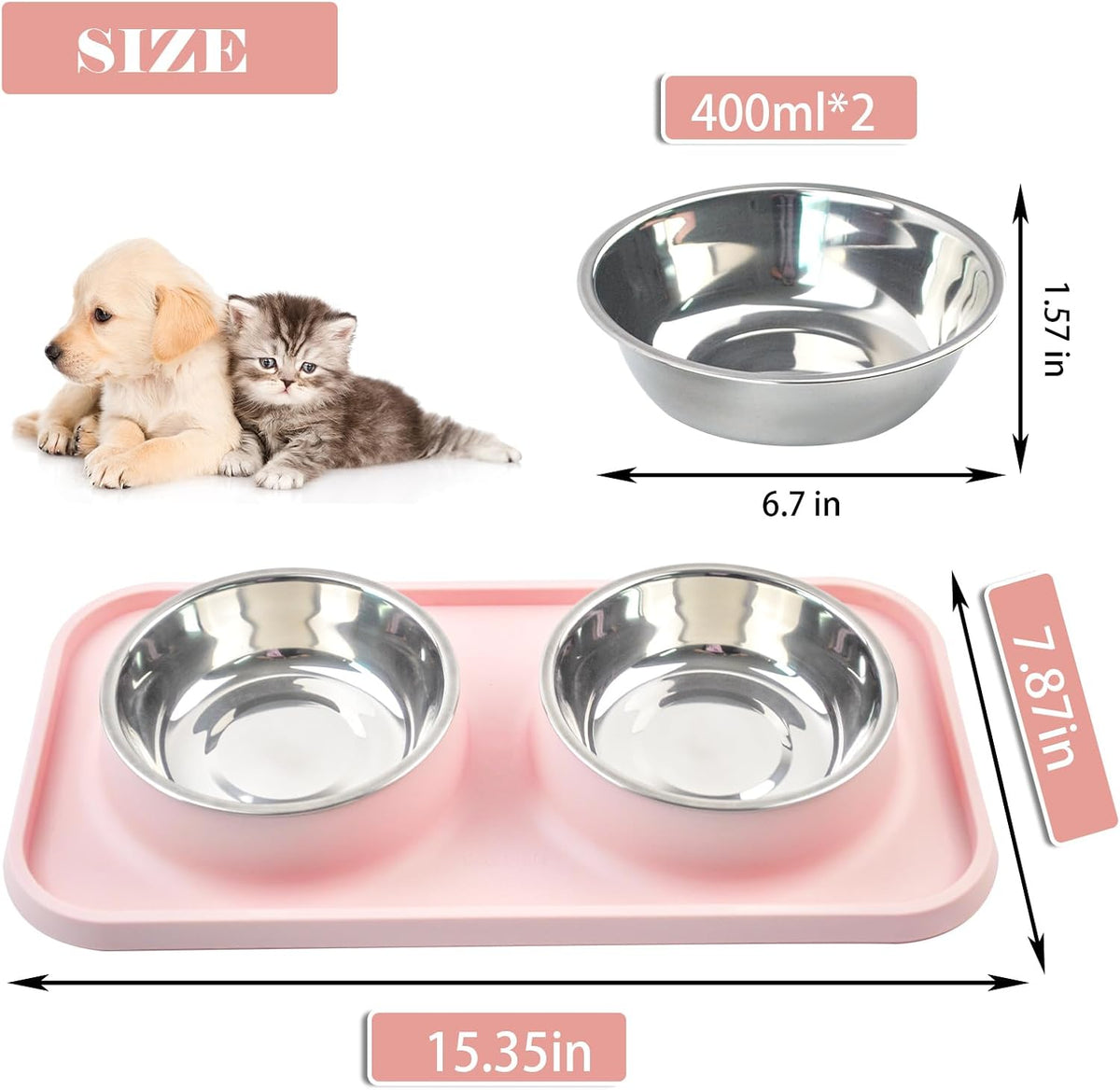 Double Dog Food Bowls Stainless Steel with No Spill Non Skid Silicone - 【Pink】 - image 3