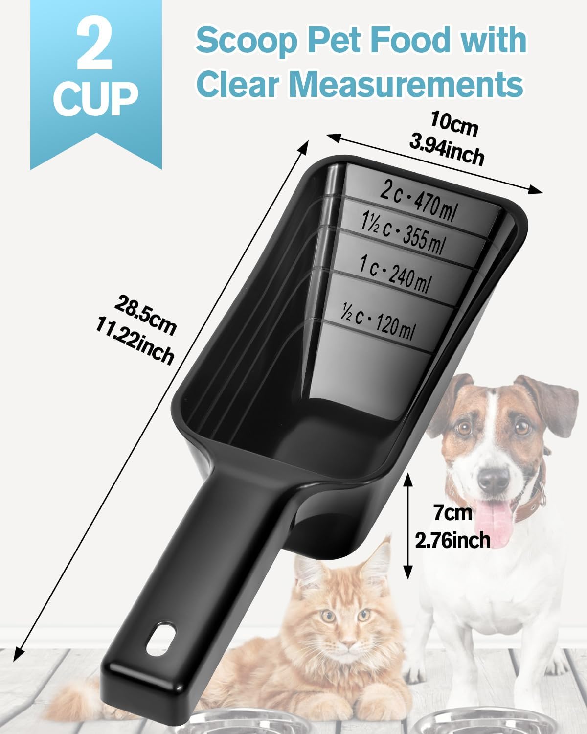 2 Cup Dog Food Scoop, Plastic Pet Food Scoop with Measuring Lines for Accurate Pet Food - Black and Blue - image 2