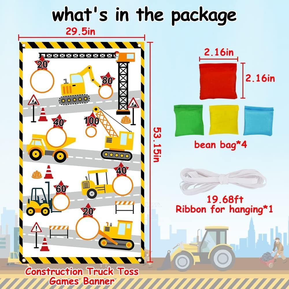 TONIFUL construction truck toss game banner, yellow excavator design with 4 bean bags - view 2