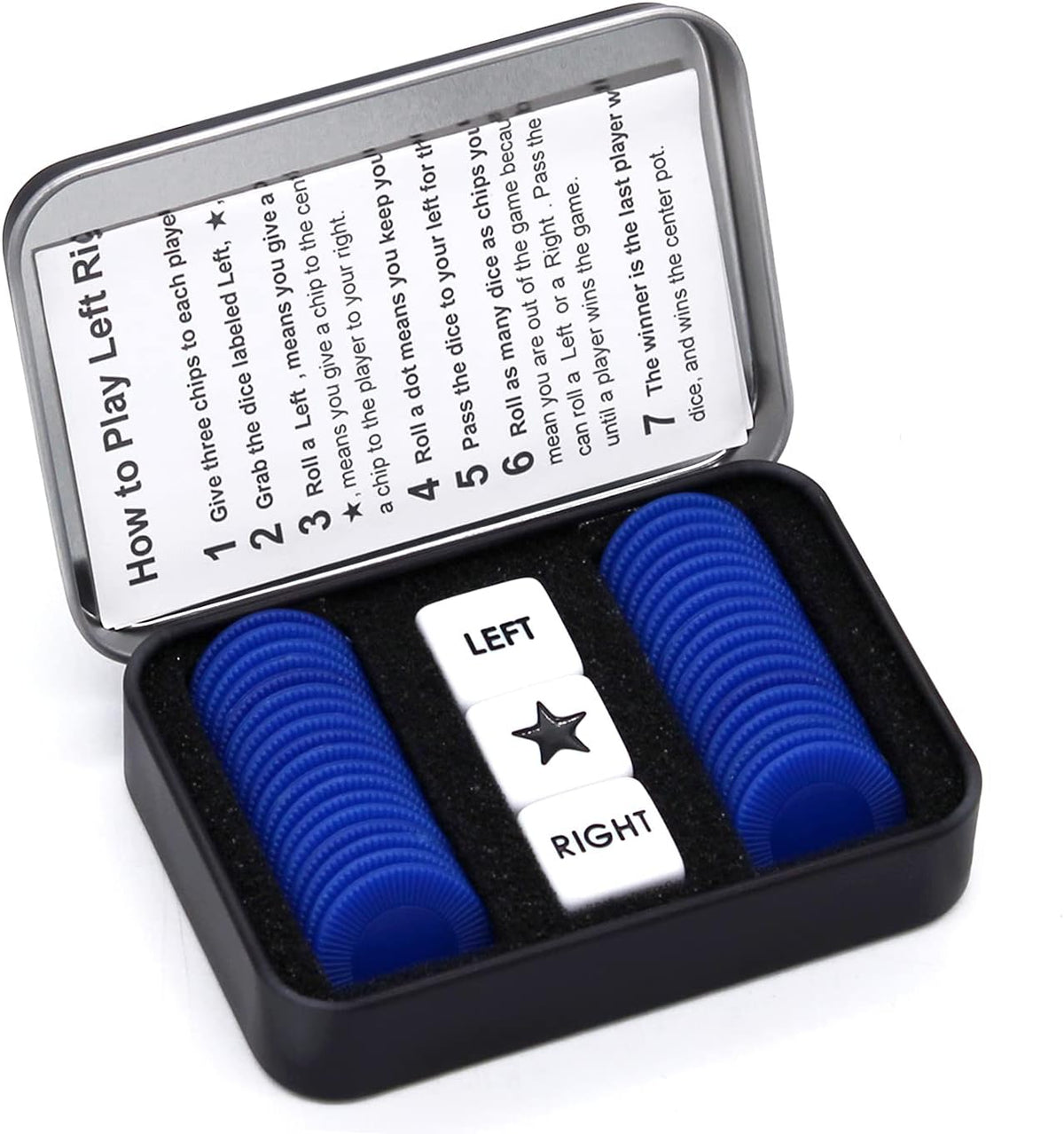 Bilywey Left Right Dice Game Set with 3 Dices + 36 Black Chips – Fun for Kids & Family - Blue