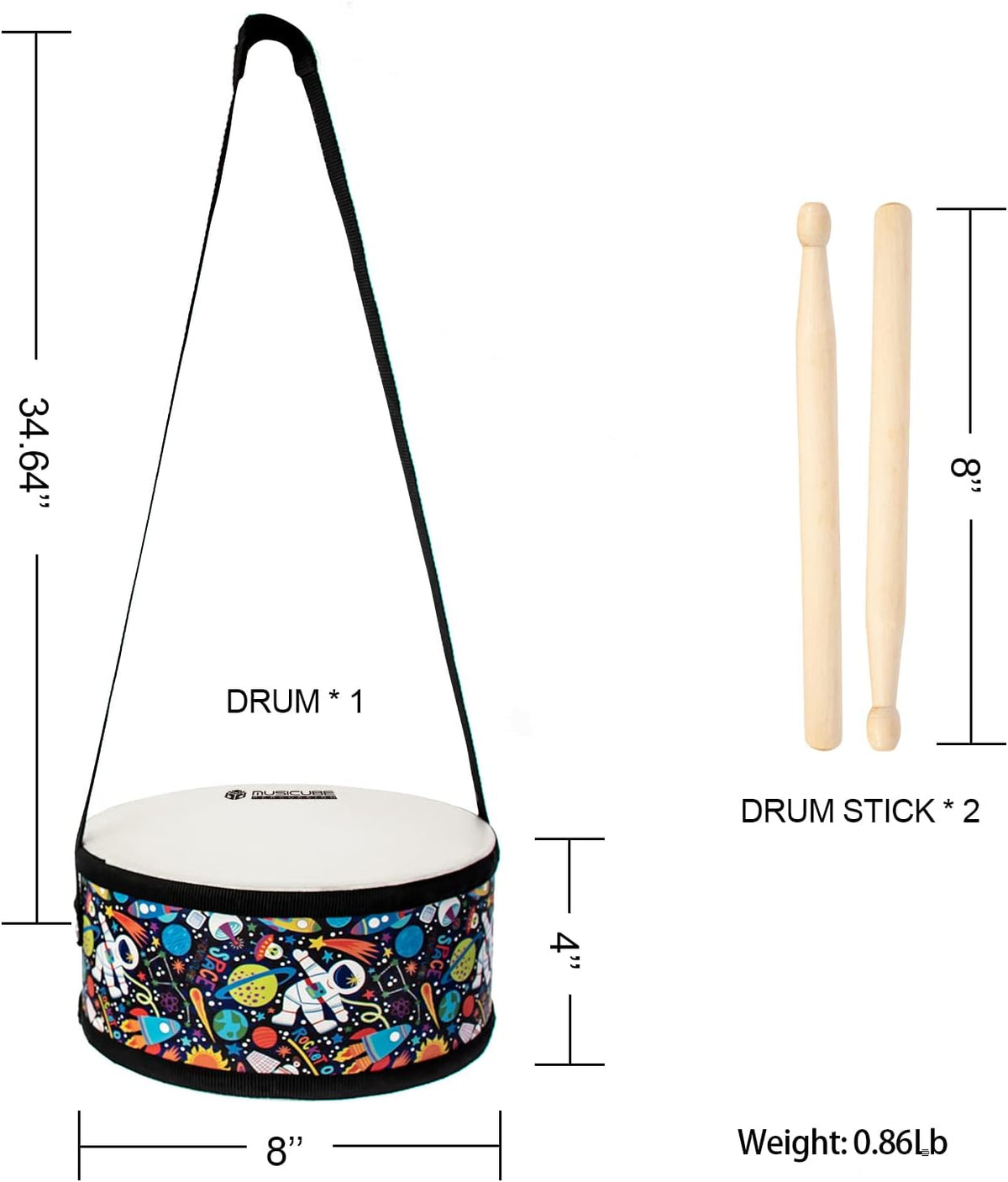 Kids Drum Set 8-Inch Wooden Drum Toys with an Adjustable Strap and 2 - 8-inch Black - image 4