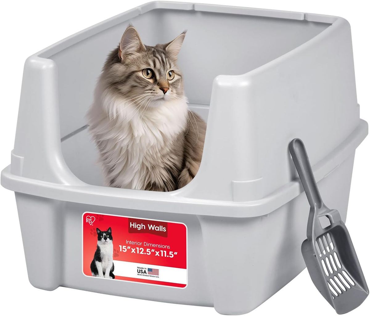 IRIS USA High Sided Cat Litter Box, Scatter Shield - Large / Gray