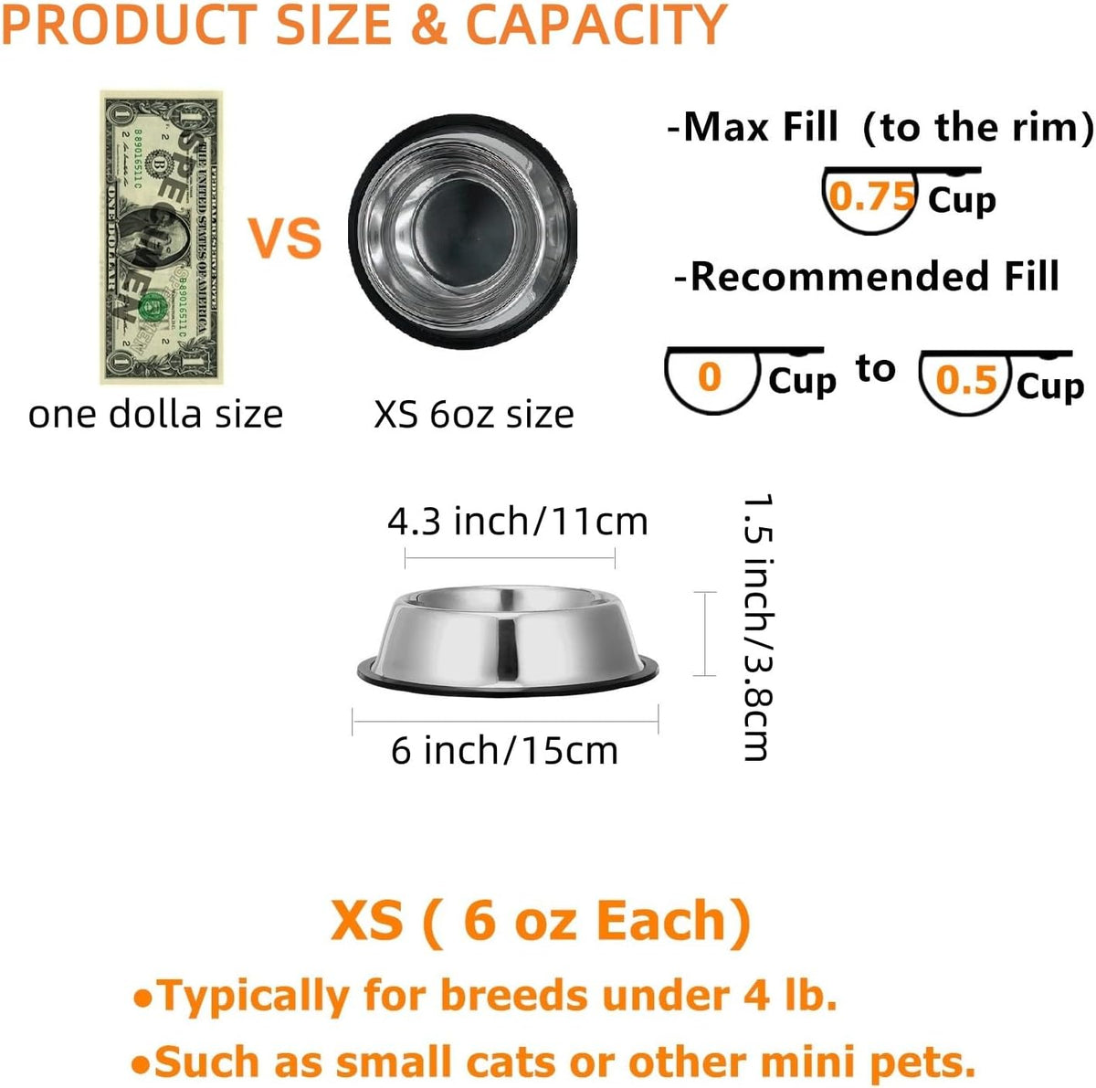 2 Pack Stainless Steel Dog Bowls with Rubber Bottom - ¾ Cup / 6 oz - image 3