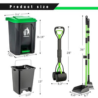 MXF Pooper Scooper Set - 28" Dog Pooper Scooper & Long Handle Stainless Metal Tray&Rake, 15 Litre Step Dog Poop Trash Can w/Removable Inner Bucket, 20 Waste Bags for Outdoors