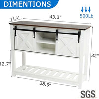 Entryway Table with Storage, Farmhouse Buffet Cabinet Coffee Bar Kitchen Island with Sliding Barn Doors & Shelves, Console Table for Kitchen, Dining Room, Living Room, White