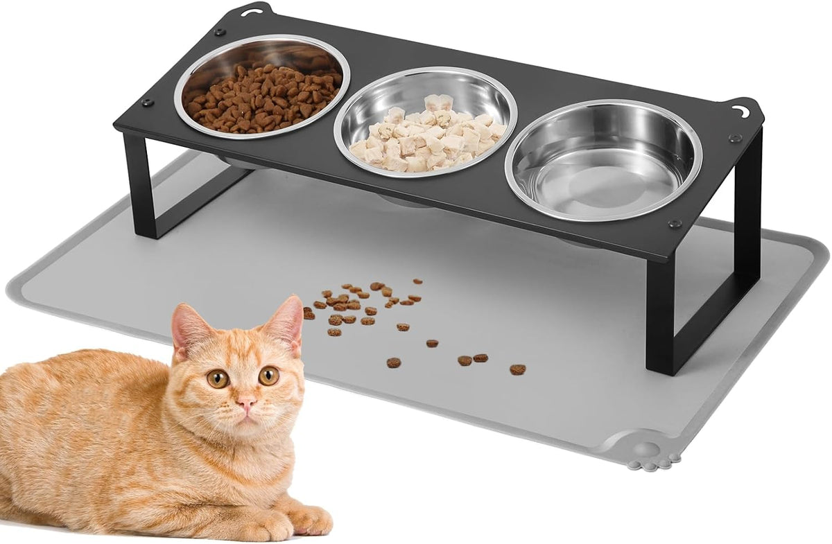 Elevated Cat Bowls with Food Mat - Black-3Bowls
