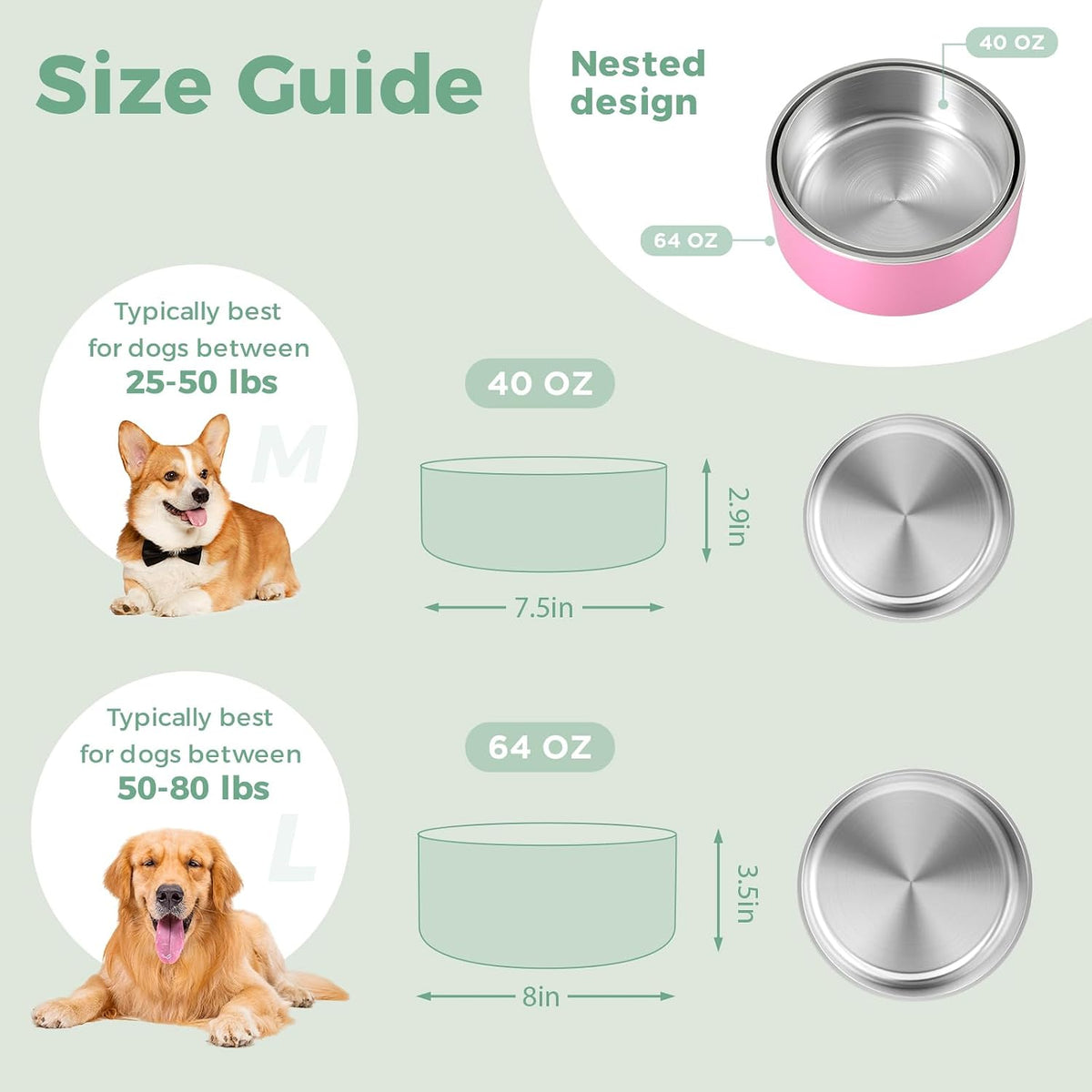 Dog Bowl, Stainless Stee Dog Water Bowl and Food Bowl - 40oz / Pink - image 2