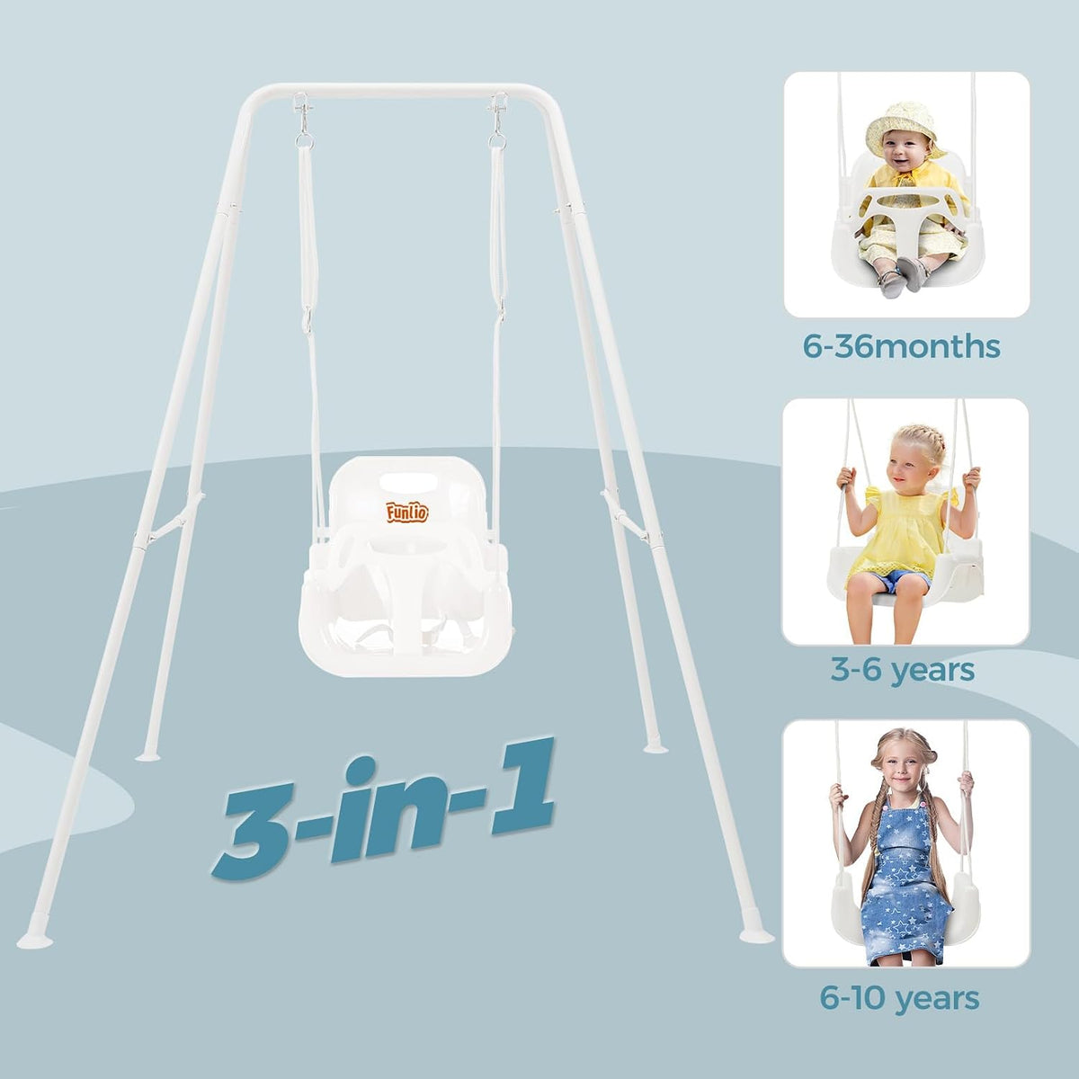 FUNLIO Toddler Swing with Foldable Metal Stand for Toddlers Aged 1~10 - White - image 2