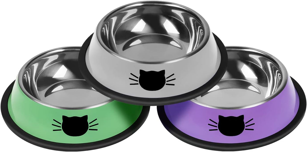 Serentive 2 Pcs Non-Slip Stainless Steel Small Cat Food Bowls - Purple, Silver, Green / 7 oz