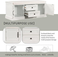 Storage Bench with 2 Drawers and 2 Cabinets, Pine Wood Shoe Bench with Removable Cushion for Living Room, Entryway 42.5" L x 15.9" W x 17.5" H (White)