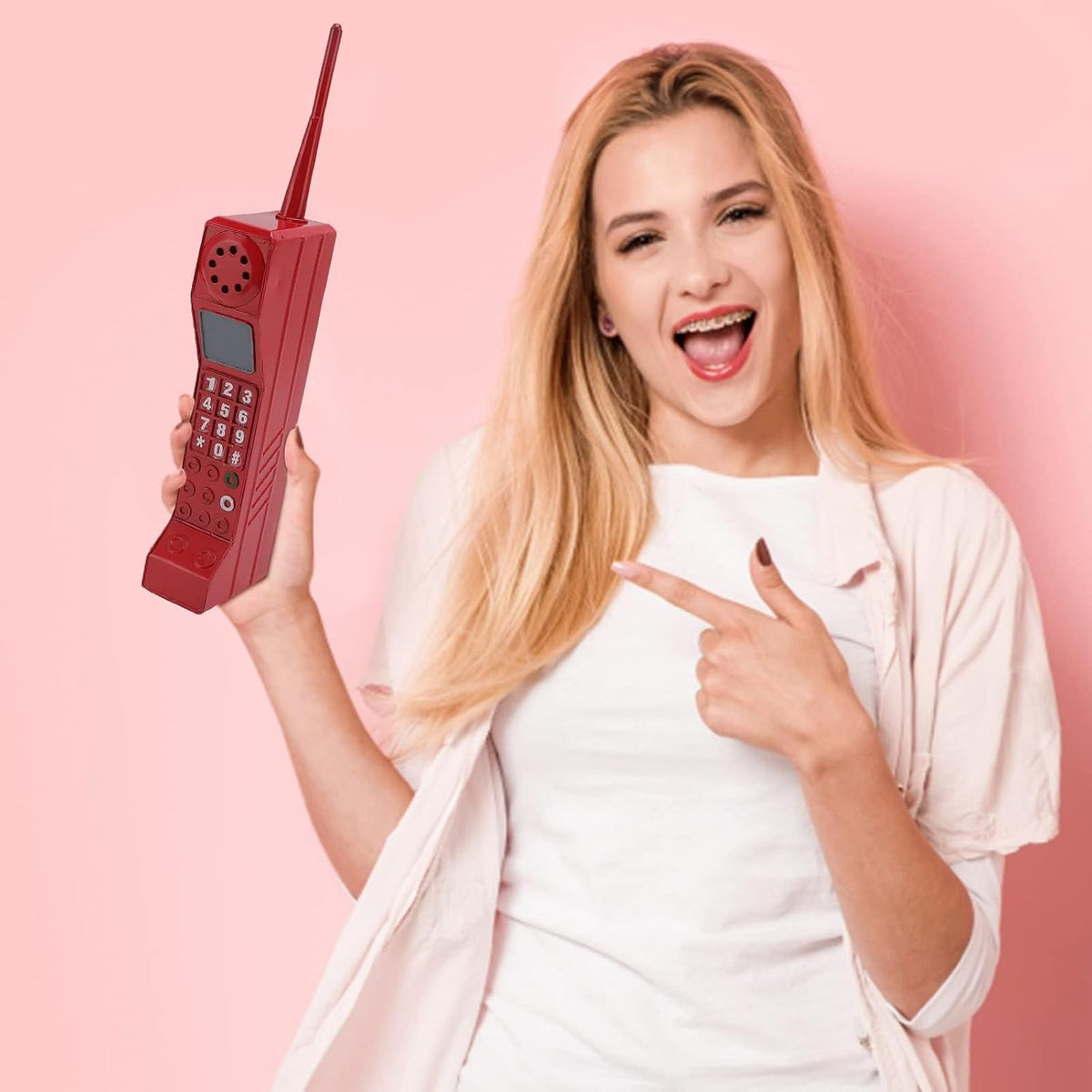 TOTITOM retro brick cell phone prop in pink with printed keys and antenna - view 9